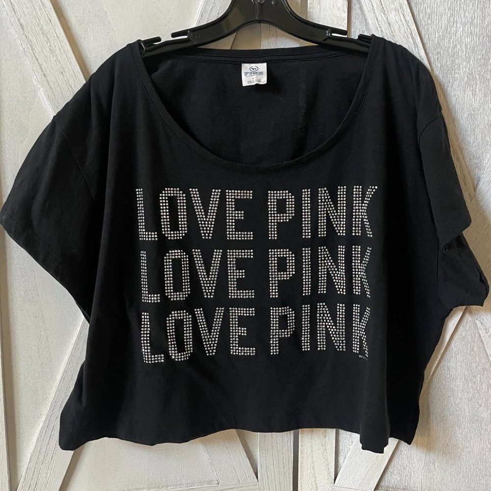Victorias Secret LOVE PINK Oversized Black Crystal BOXY Crop Top Shirt L Large